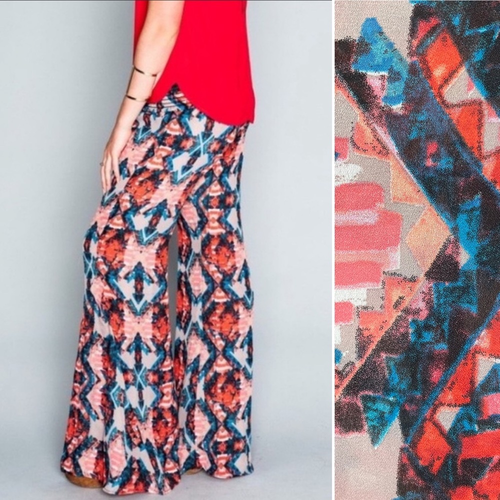 SMYM Roberts Party Pants Chiffon Stretch Flare Bright Kaleidoscope Print Palazzo